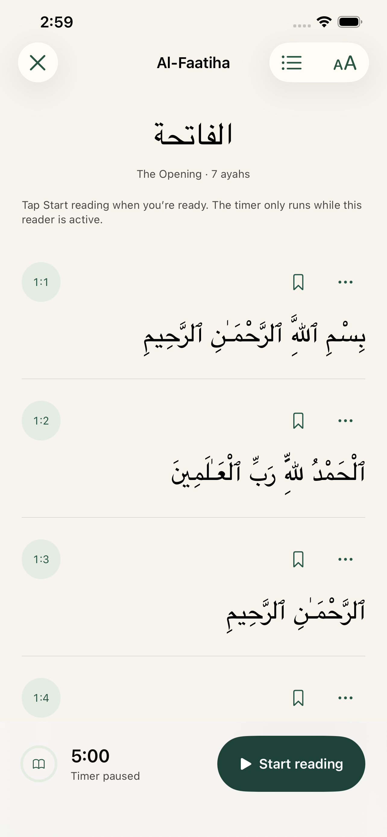Arabic Quran reader showing Al-Faatiha, ayah bookmarks, and the reading timer